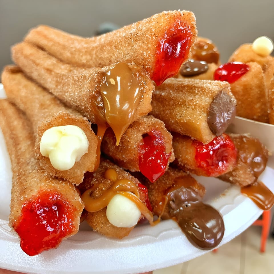 A close-up of Churrito Loco's churros filled with strawberry, caramel, chocolate, and cream.