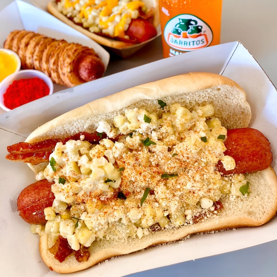 Churrito Loco's hot dog topped with corn, cheese, bacon, and chili powder, with a Jarritos soda.
