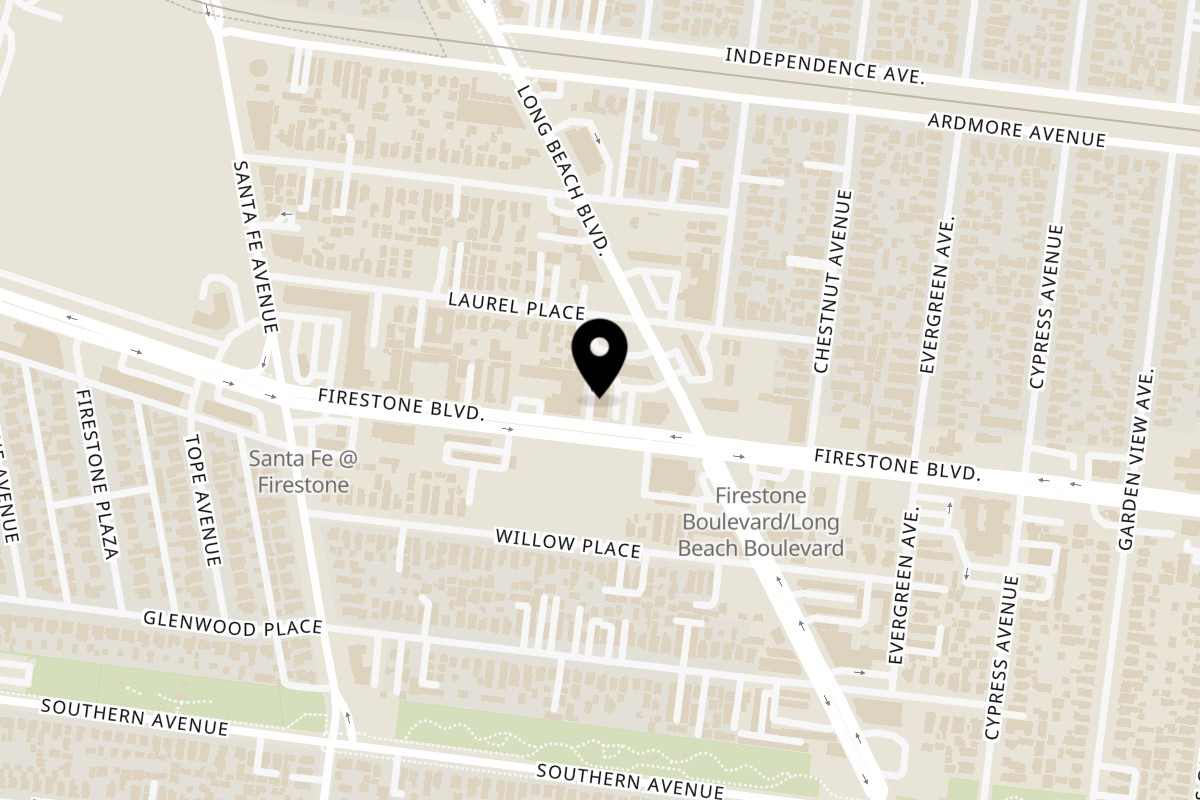 Map showing the location of Churrito Loco on 2801 Firestone Blvd in South Gate